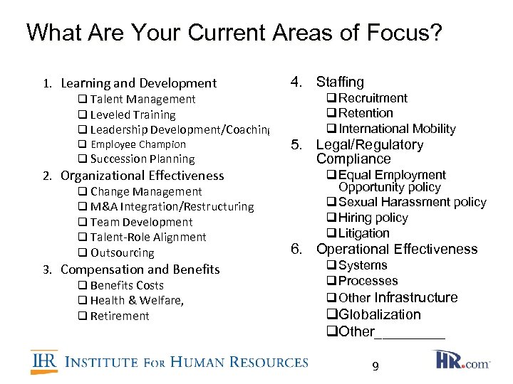 What Are Your Current Areas of Focus? 1. Learning and Development q Talent Management