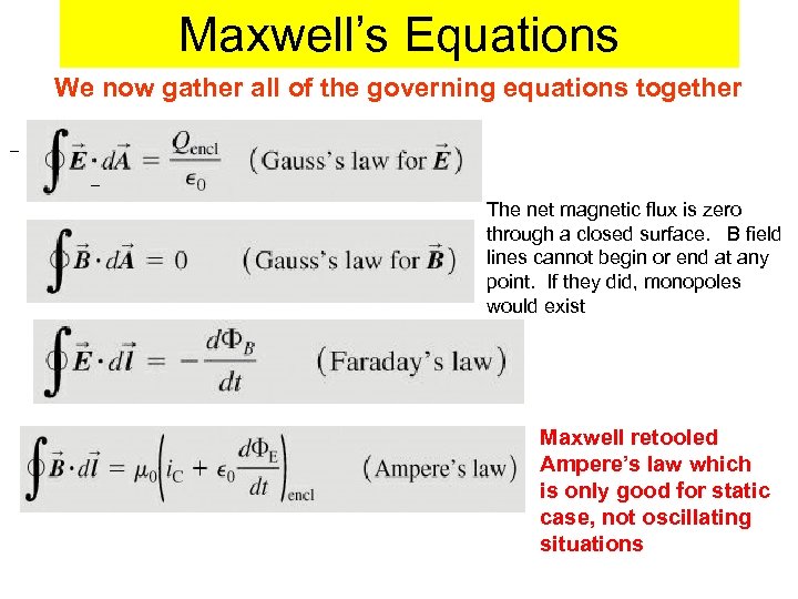 Maxwell’s Equations We now gather all of the governing equations together The net magnetic