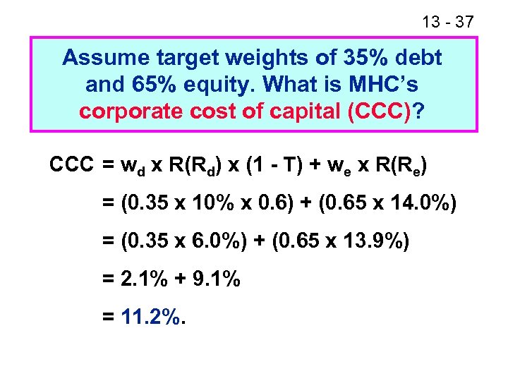 13 - 37 Assume target weights of 35% debt and 65% equity. What is