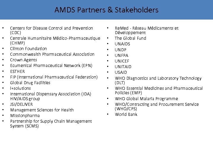 AMDS Partners & Stakeholders • • • • Centers for Disease Control and Prevention