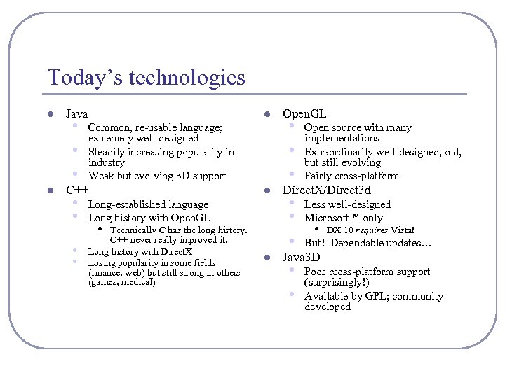 Today’s technologies l l Java • • • l Common, re-usable language; extremely well-designed