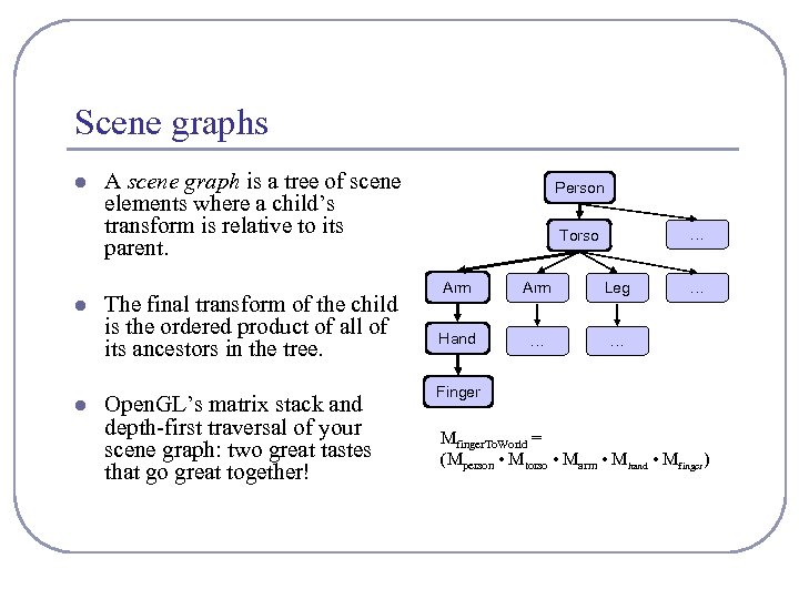 Scene graphs l l l A scene graph is a tree of scene elements