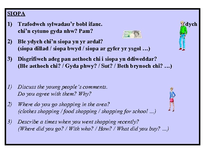 SIOPA 1) Trafodwch sylwadau’r bobl ifanc. chi’n cytuno gyda nhw? Pam? 2) Ble ydych