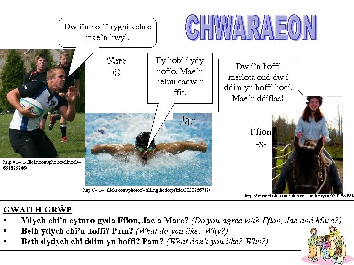Dw i’n hoffi rygbi achos mae’n hwyl. Marc Fy hobi i ydy nofio. Mae’n