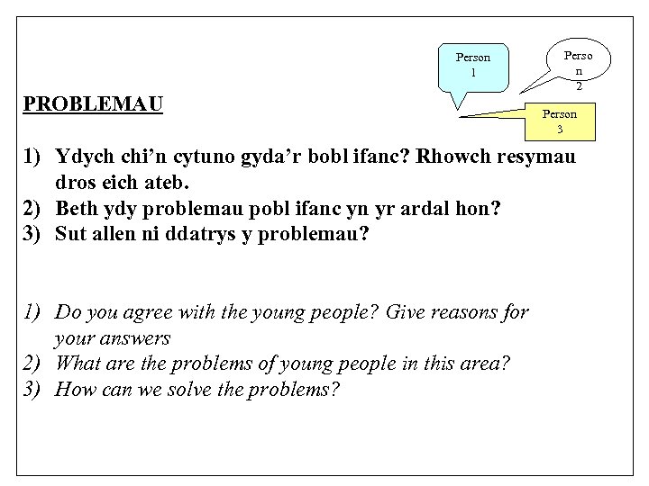 Person 1 PROBLEMAU Perso n 2 Person 3 1) Ydych chi’n cytuno gyda’r bobl