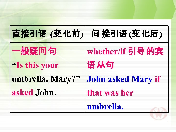 直接引语 (变 化前) 间 接引语 (变 化后) 一般疑问 句 whether/if 引导 的宾 “Is this