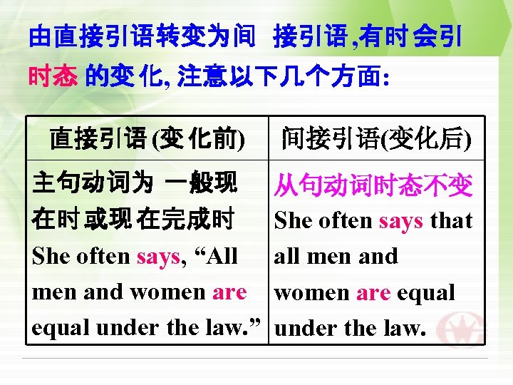 由直接引语转变为间 接引语 , 有时 会引 时态 的变 化, 注意以下几个方面: 直接引语 (变 化前) 间接引语(变化后) 主句动词为