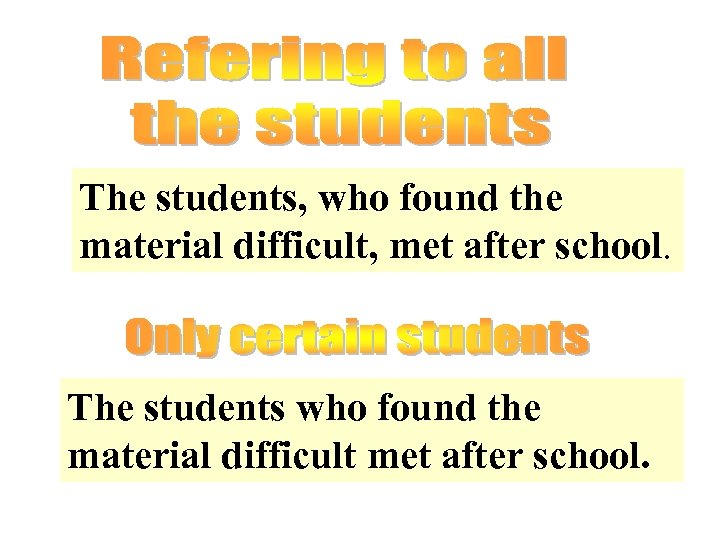 The students, who found the material difficult, met after school. The students who found