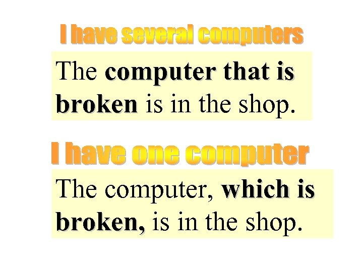 The computer that is broken is in the shop. The computer, which is broken,