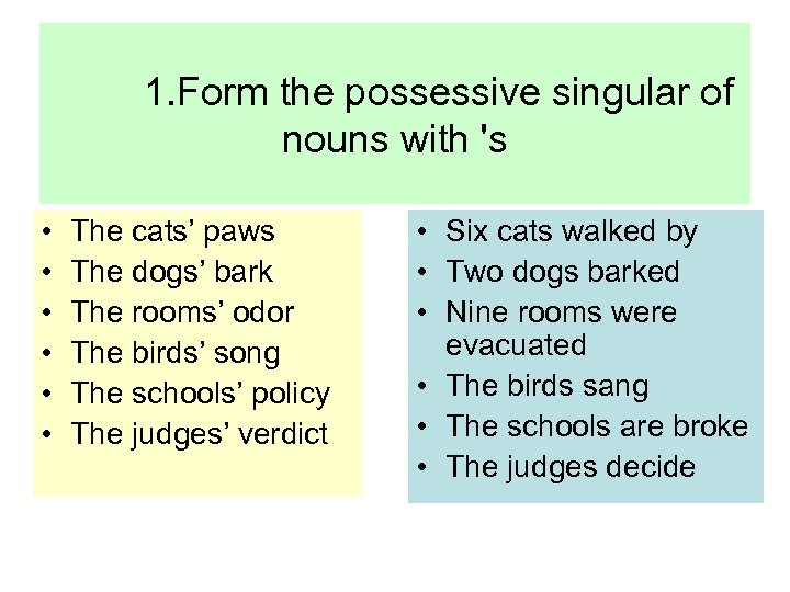 1. Form the possessive singular of nouns with 's • • • The cats’