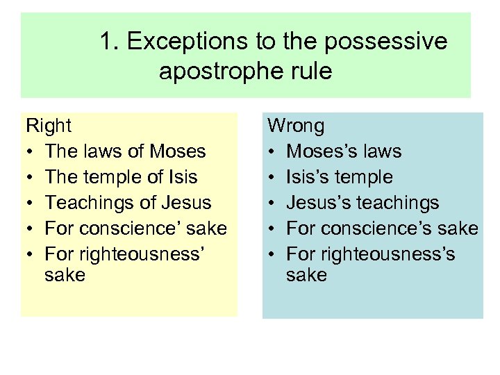 1. Exceptions to the possessive apostrophe rule Right • The laws of Moses •