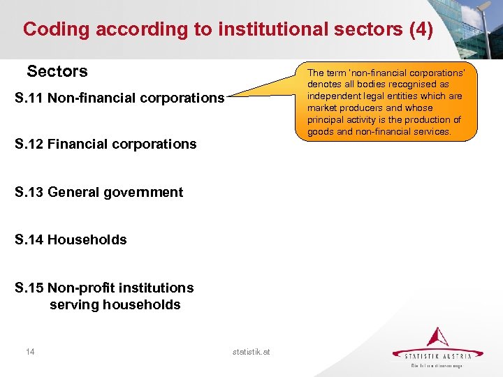 Coding according to institutional sectors (4) Sectors The term ‘non-financial corporations’ denotes all bodies