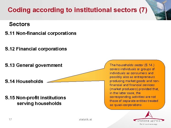 Coding according to institutional sectors (7) Sectors S. 11 Non-financial corporations S. 12 Financial