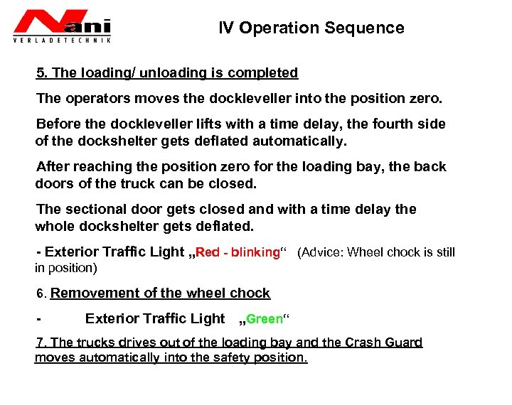IV Operation Sequence 5. The loading/ unloading is completed The operators moves the dockleveller