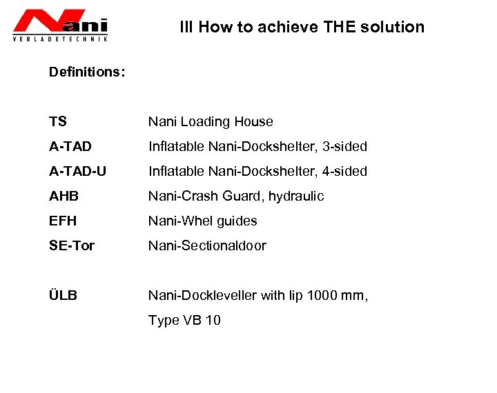 III How to achieve THE solution Definitions: TS Nani Loading House A-TAD Inflatable Nani-Dockshelter,