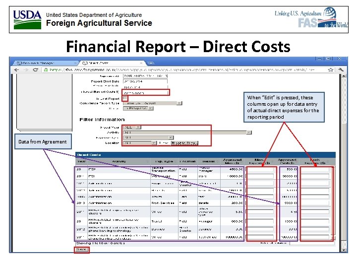 Financial Report – Direct Costs When “Edit” is pressed, these columns open up for
