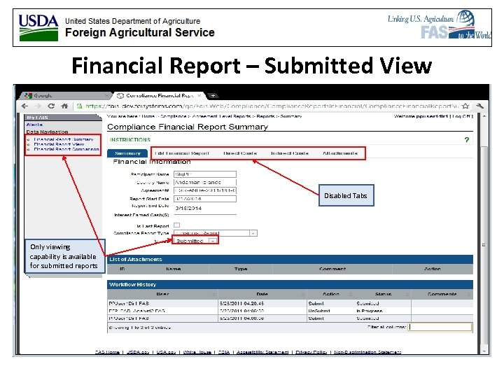 Financial Report – Submitted View Disabled Tabs Only viewing capability is available for submitted
