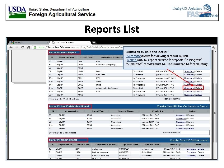 Reports List Controlled by Role and Status: - Summary allows for viewing a report