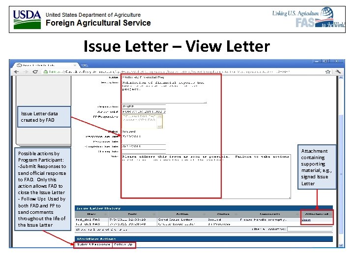 Issue Letter – View Letter Issue Letter data created by FAD Possible actions by