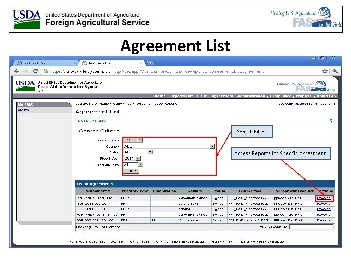 Agreement List Search Filter Access Reports for Specific Agreement 