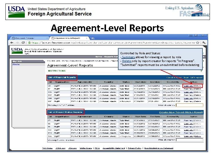 Agreement-Level Reports Controlled by Role and Status: - Summary allows for viewing a report