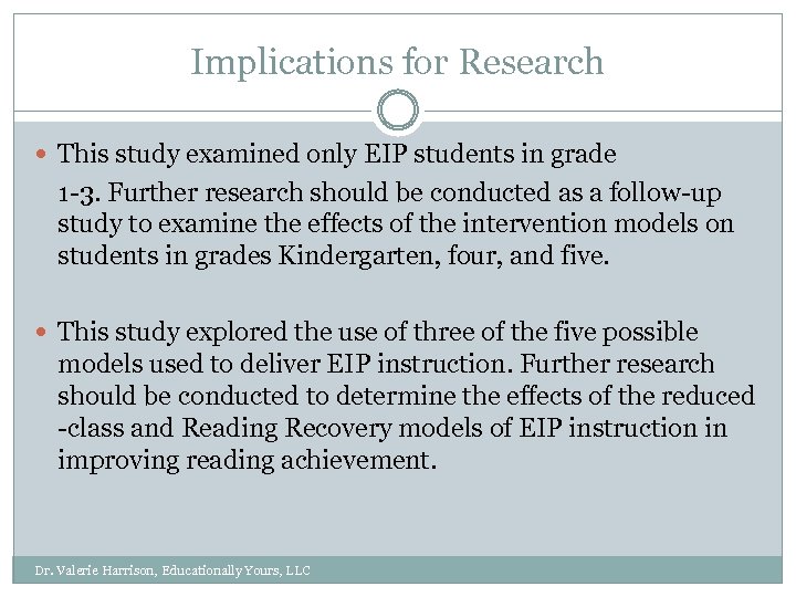 Implications for Research This study examined only EIP students in grade 1 -3. Further