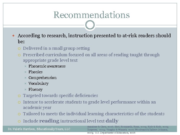 Recommendations According to research, instruction presented to at-risk readers should be: Delivered in a