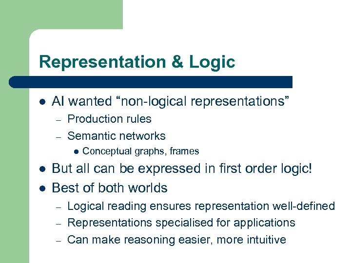 Representation & Logic l AI wanted “non-logical representations” – – Production rules Semantic networks
