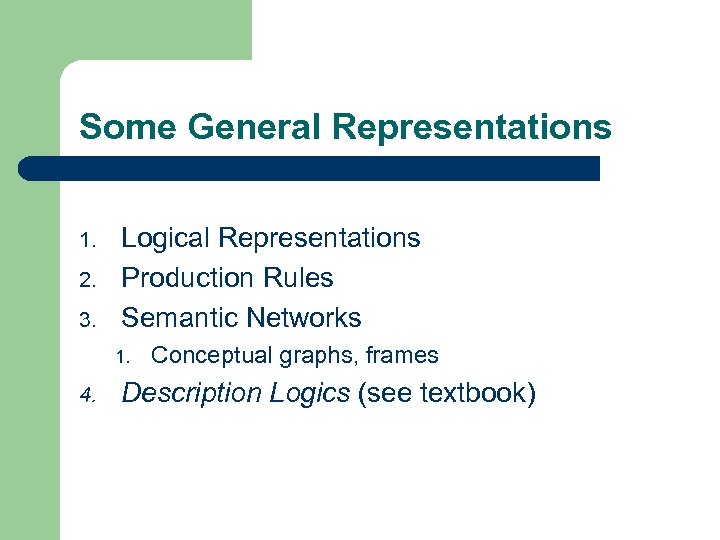 Some General Representations 1. 2. 3. Logical Representations Production Rules Semantic Networks 1. 4.