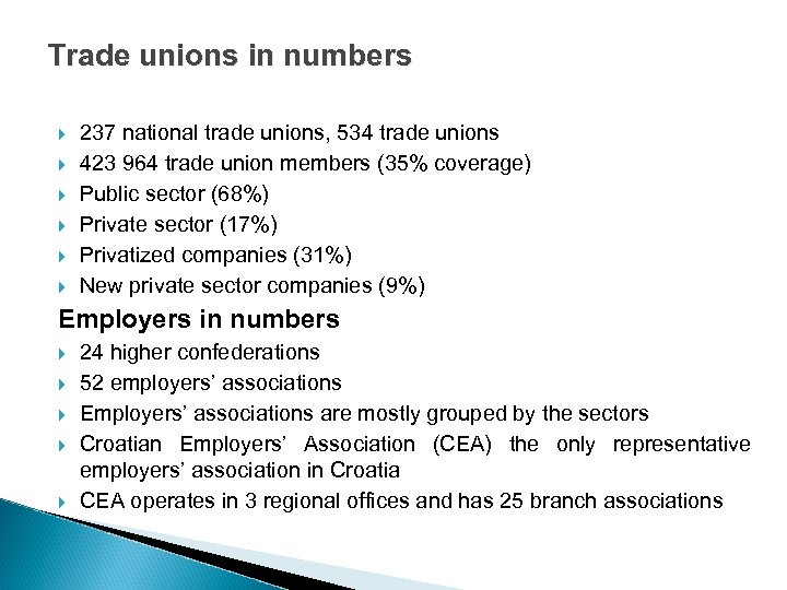 Trade unions in numbers 237 national trade unions, 534 trade unions 423 964 trade