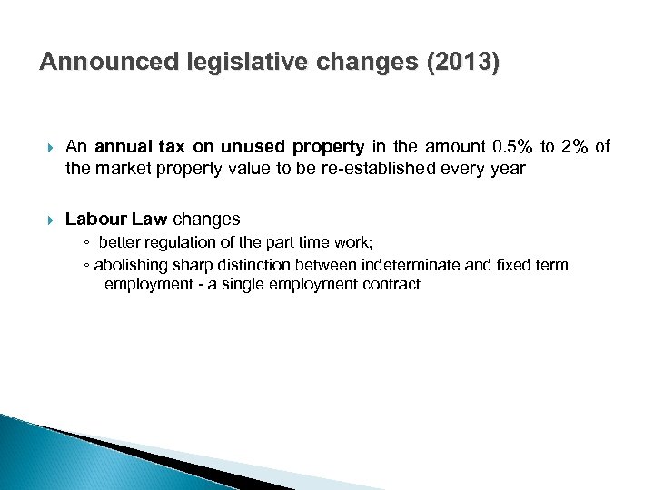 Announced legislative changes (2013) An annual tax on unused property in the amount 0.