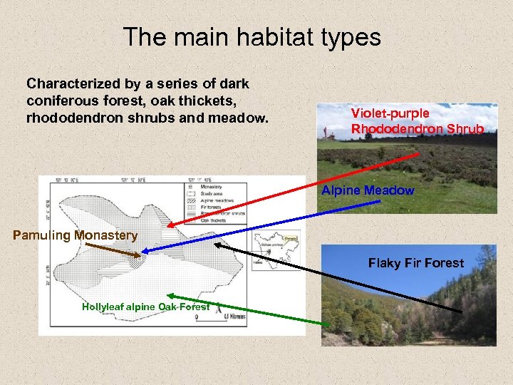 The main habitat types Characterized by a series of dark coniferous forest, oak thickets,