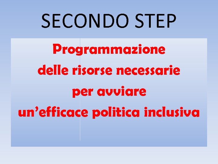 SECONDO STEP Programmazione delle risorse necessarie per avviare un’efficace politica inclusiva 