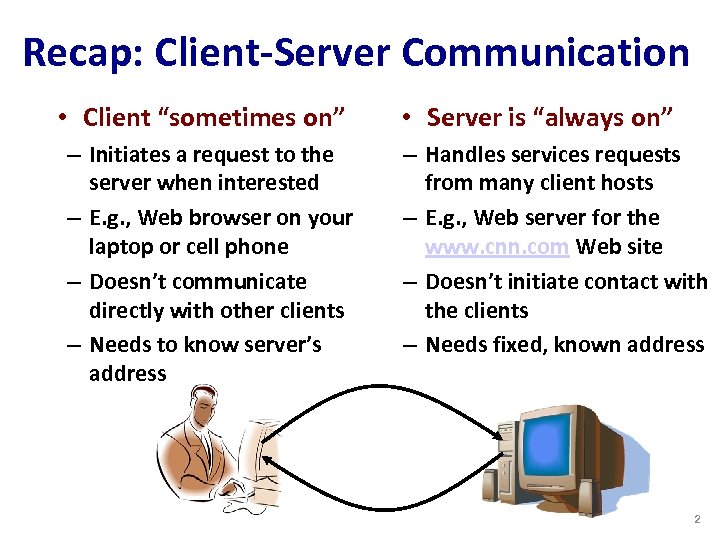 Recap: Client-Server Communication • Client “sometimes on” – Initiates a request to the server