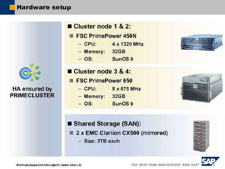 Hardware setup n Cluster node 1 & 2: n FSC Prime. Power 450 N