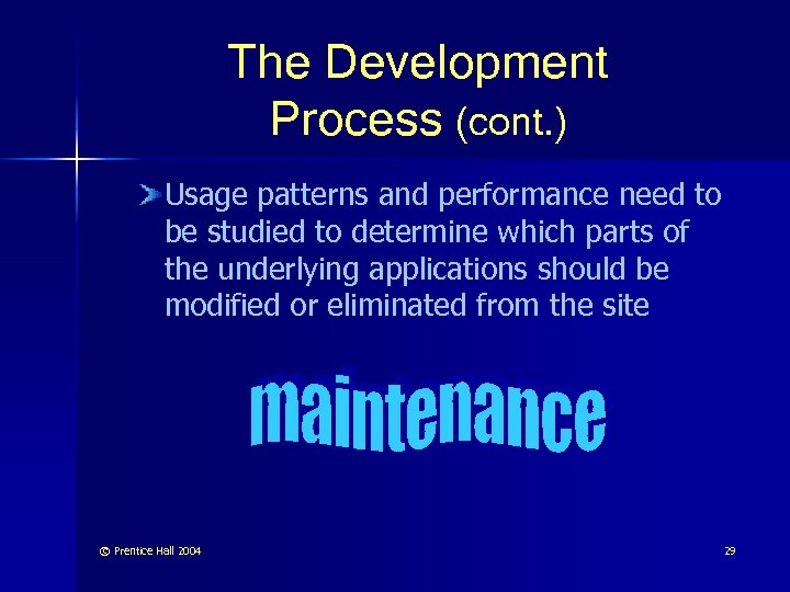 The Development Process (cont. ) Usage patterns and performance need to be studied to