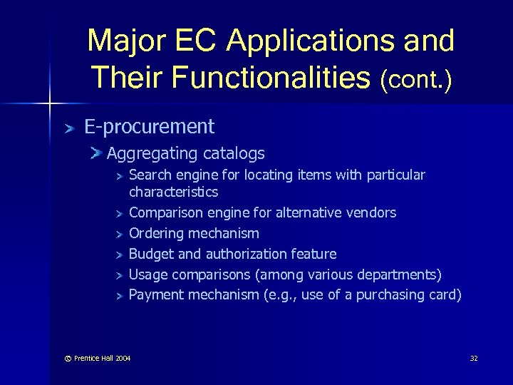 Major EC Applications and Their Functionalities (cont. ) E-procurement Aggregating catalogs Search engine for