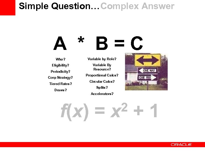 Simple Question… Complex Answer A * B=C Who? Variable by Role? Eligibility? Variable By