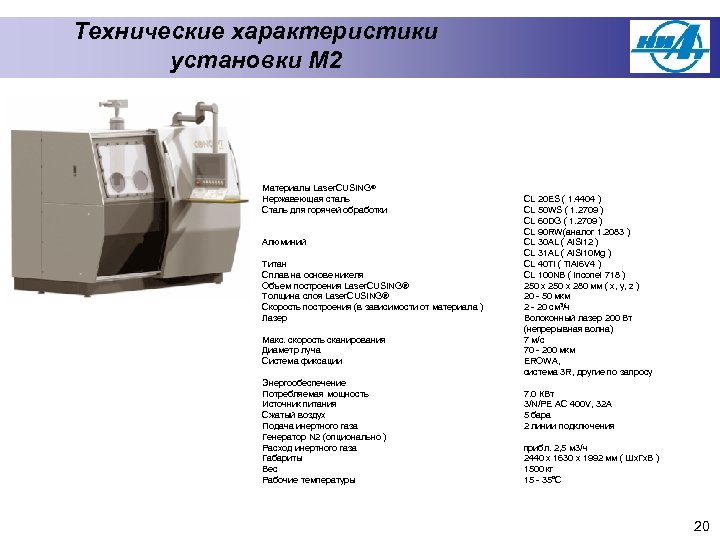 Технические характеристики установки M 2 Материалы Laser. CUSING® Нержавеющая сталь Сталь для горячей обработки