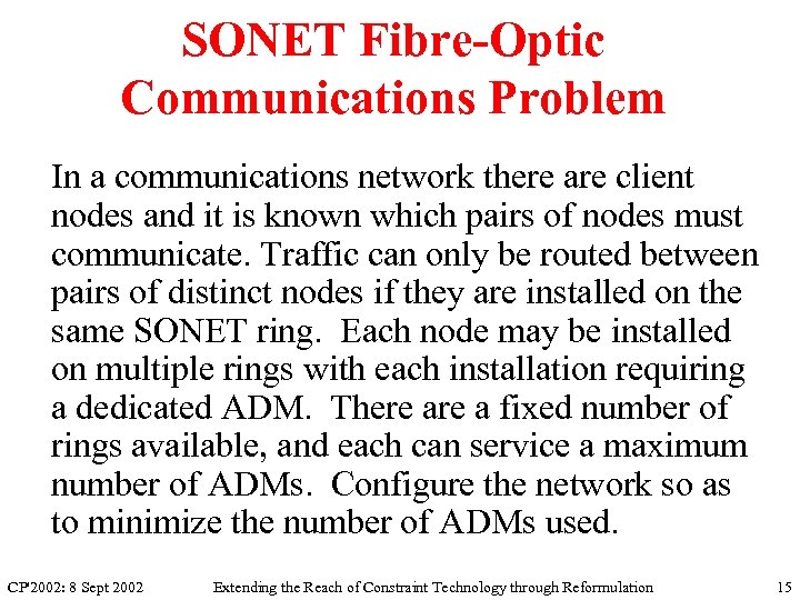 SONET Fibre-Optic Communications Problem In a communications network there are client nodes and it