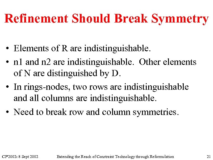 Refinement Should Break Symmetry • Elements of R are indistinguishable. • n 1 and