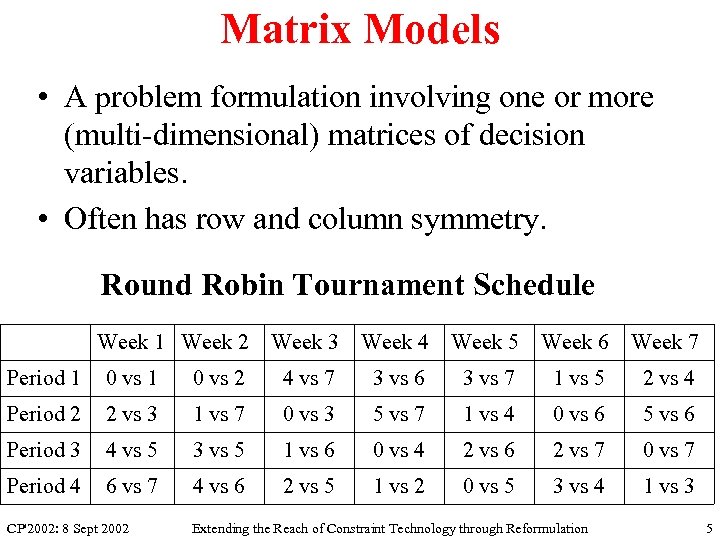 Matrix Models • A problem formulation involving one or more (multi-dimensional) matrices of decision