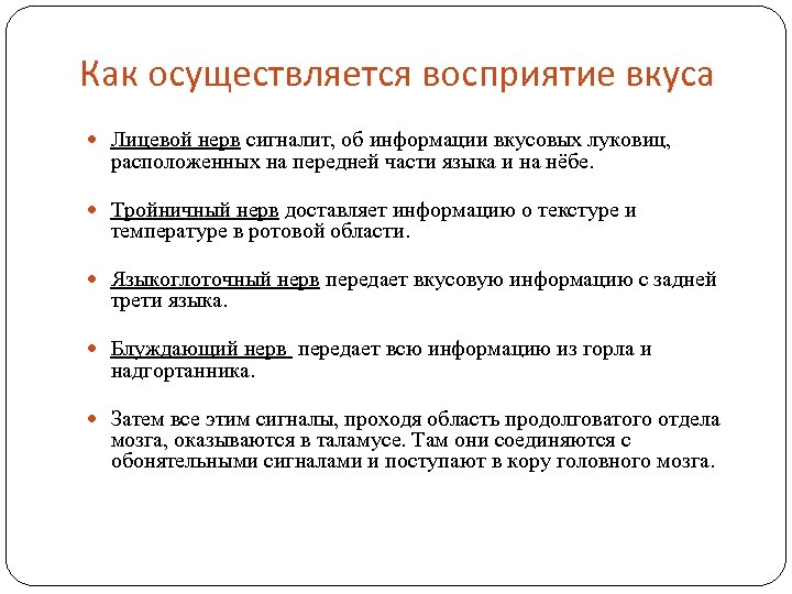Как осуществляется восприятие вкуса Лицевой нерв сигналит, об информации вкусовых луковиц, расположенных на передней