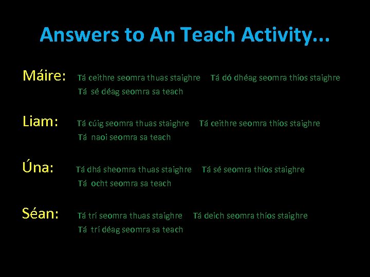 Answers to An Teach Activity. . . Máire: Tá ceithre seomra thuas staighre Tá