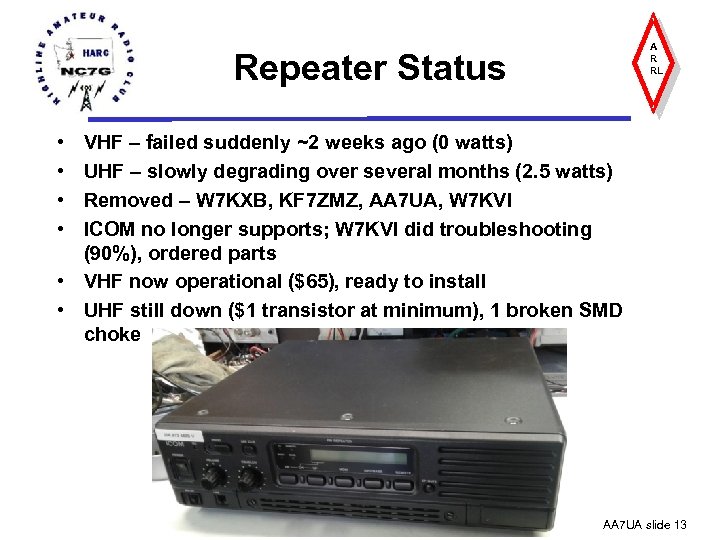 A R RL Repeater Status • • VHF – failed suddenly ~2 weeks ago