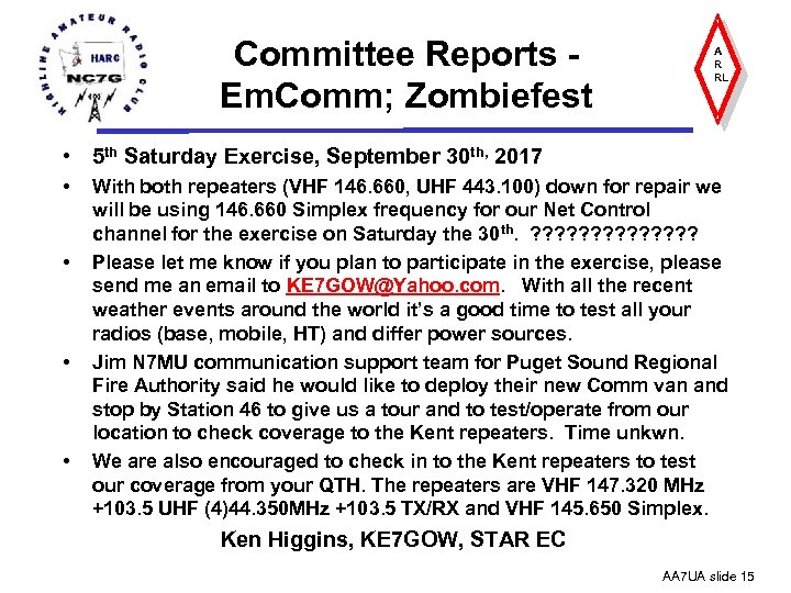 Committee Reports - Em. Comm; Zombiefest A R RL • 5 th Saturday Exercise,