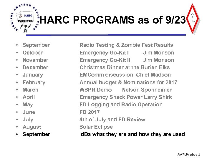 HARC PROGRAMS as of 9/23 • • • • September October November December January
