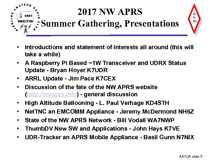 2017 NW APRS Summer Gathering, Presentations A R RL • Introductions and statement of