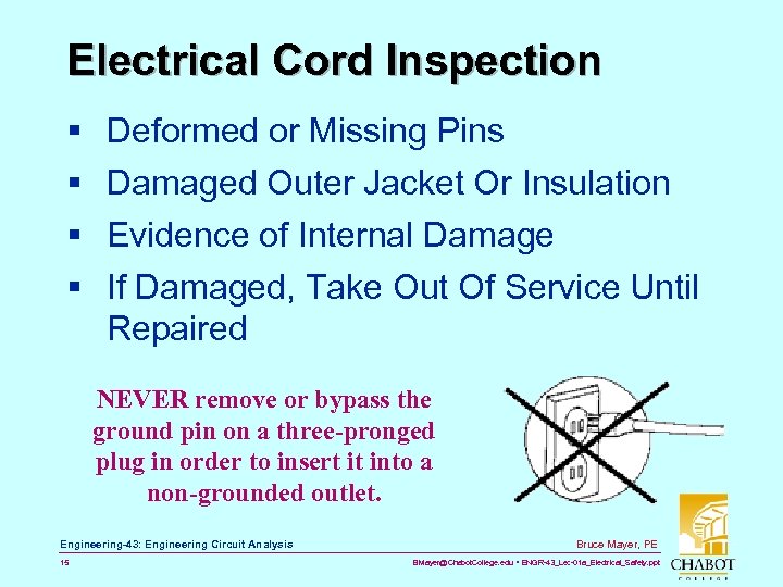 Electrical Cord Inspection § § Deformed or Missing Pins Damaged Outer Jacket Or Insulation