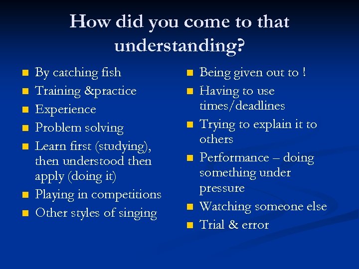 How did you come to that understanding? n n n n By catching fish